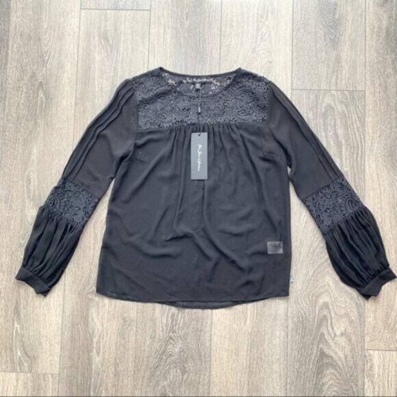 FREE PEOPLE For Love & Lemons Sacramento Blouse Black Sheer Lace Long Sleeves S - Picture 2 of 16